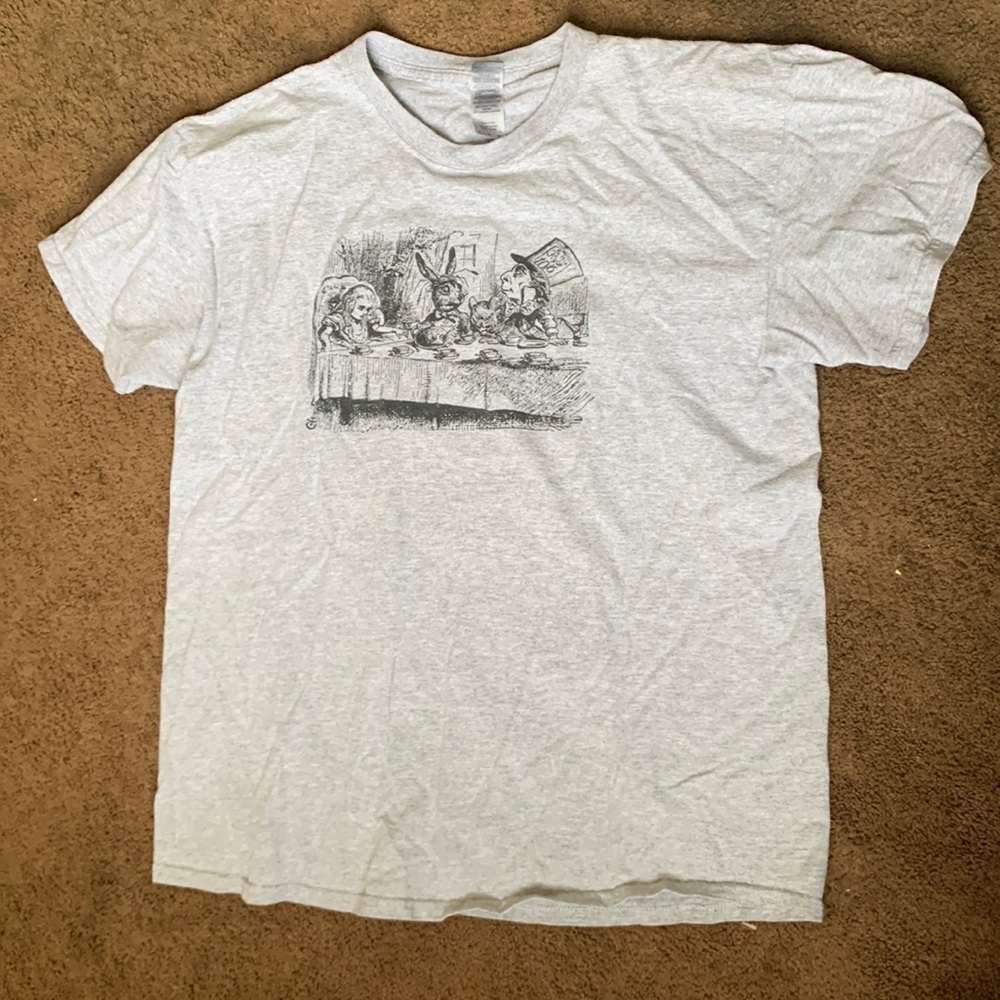 Large grey Alice in wonderland shirt.
